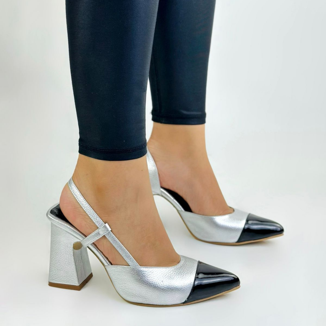 CLERINIA - CALZADO CACHATINA - ESTILETO MUJER - CUERO PLATEADO X NEGRO - TACON 7.5 (10 CM)