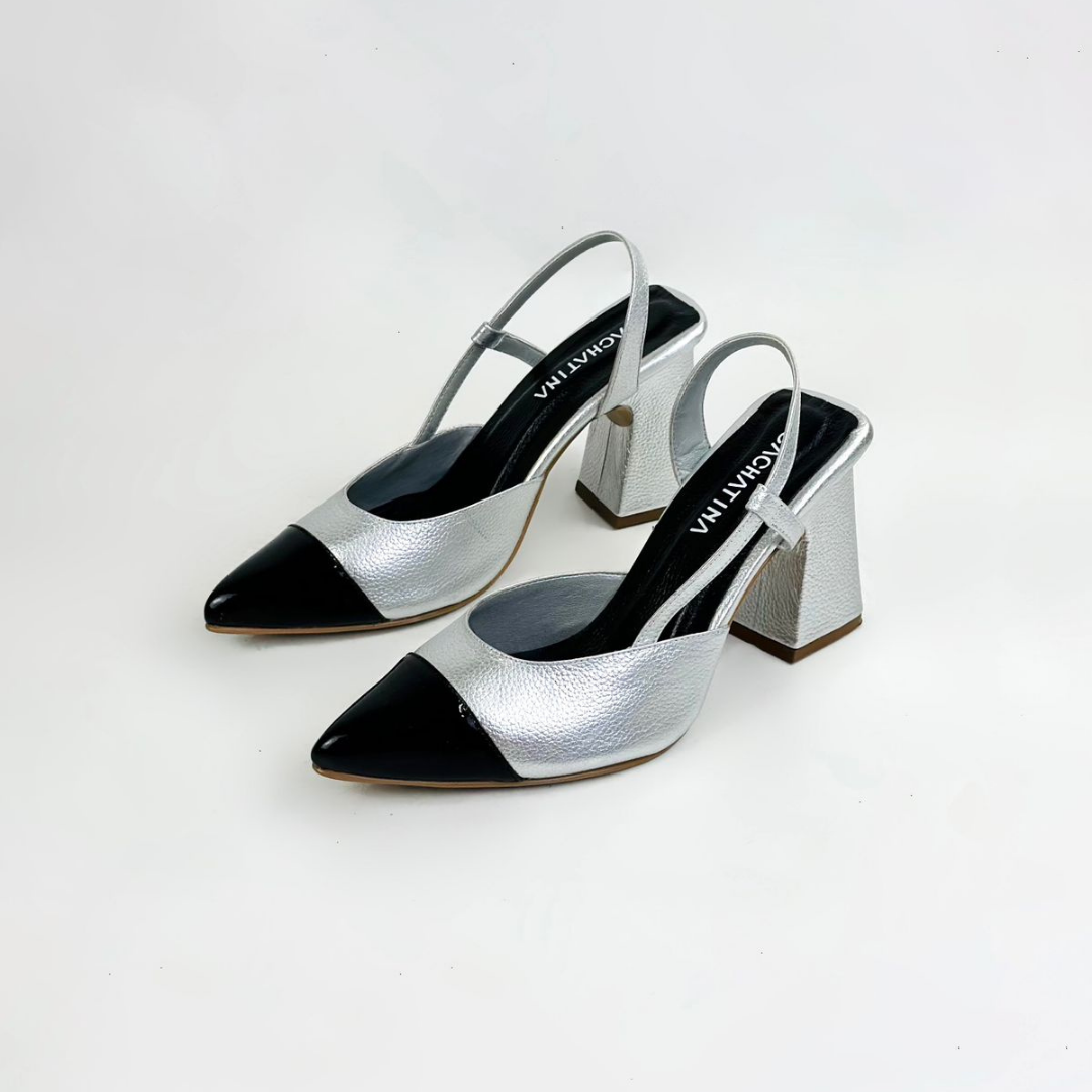 CLERINIA - CALZADO CACHATINA - ESTILETO MUJER - CUERO PLATEADO X NEGRO - TACON 7.5 (10 CM)