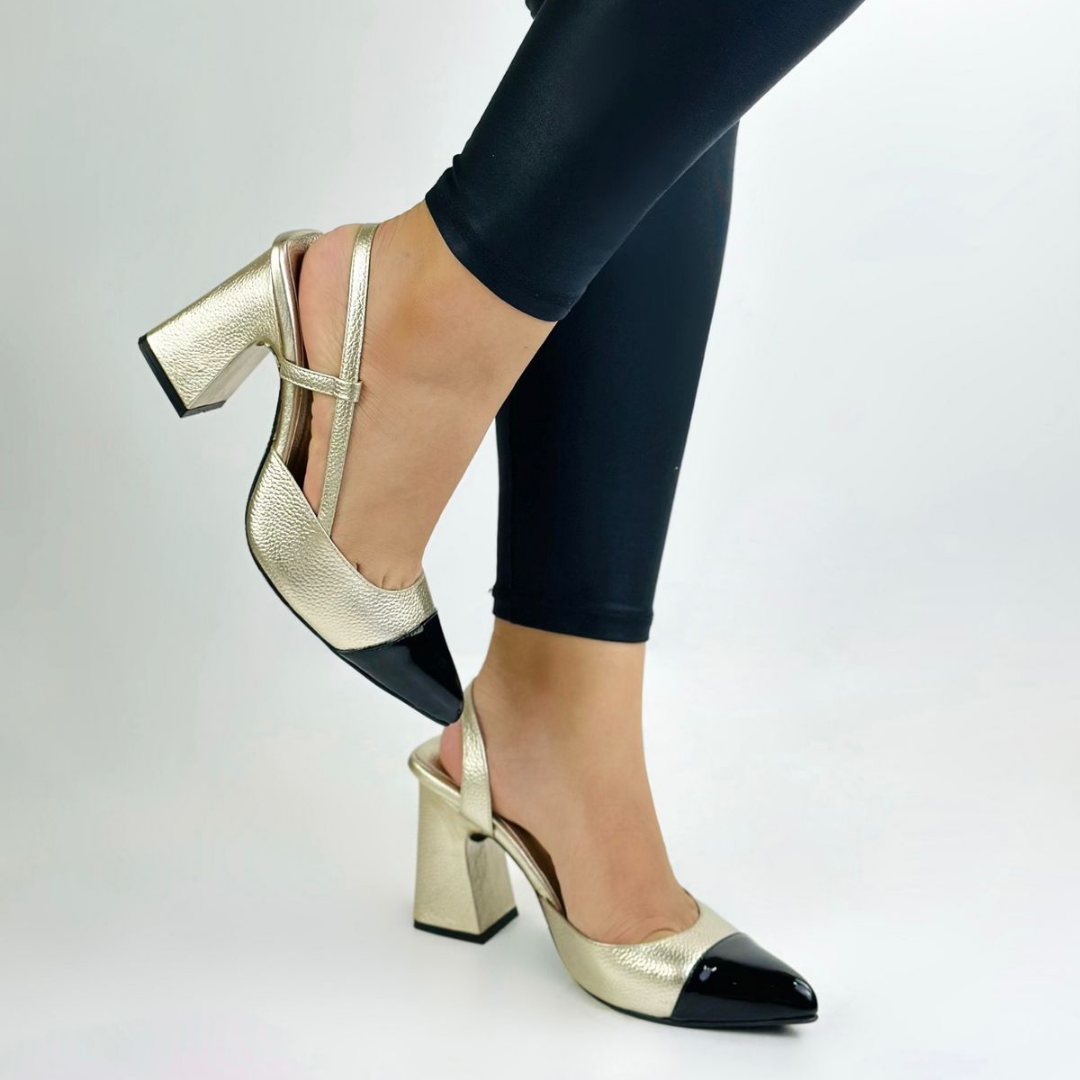 CLERINIA - CALZADO CACHATINA - ESTILETO MUJER - CUERO DORADO X CHAROL NEGRO - TACON 7.5 (10 CM)