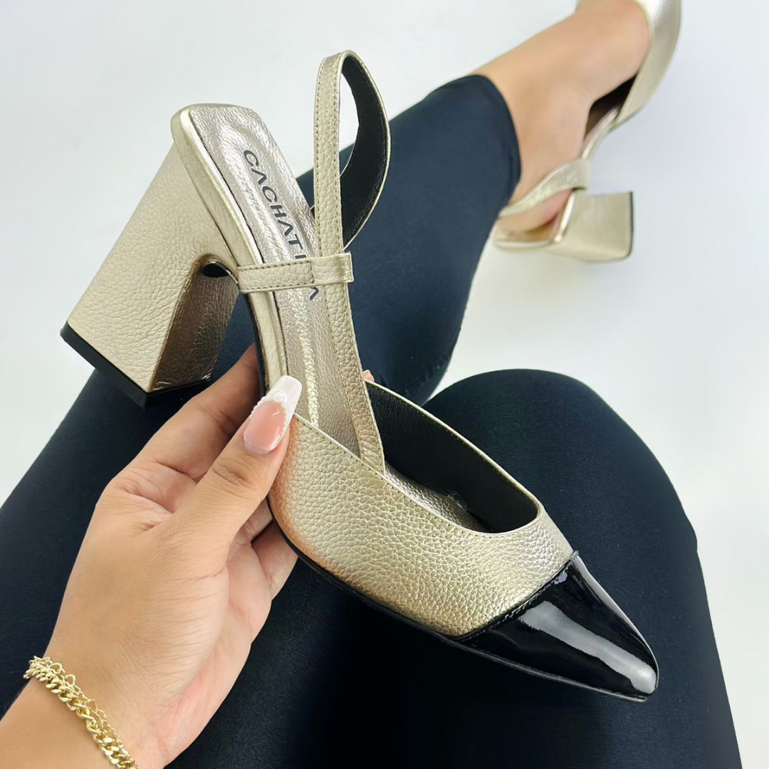 CLERINIA - CALZADO CACHATINA - ESTILETO MUJER - CUERO DORADO X CHAROL NEGRO - TACON 7.5 (10 CM)