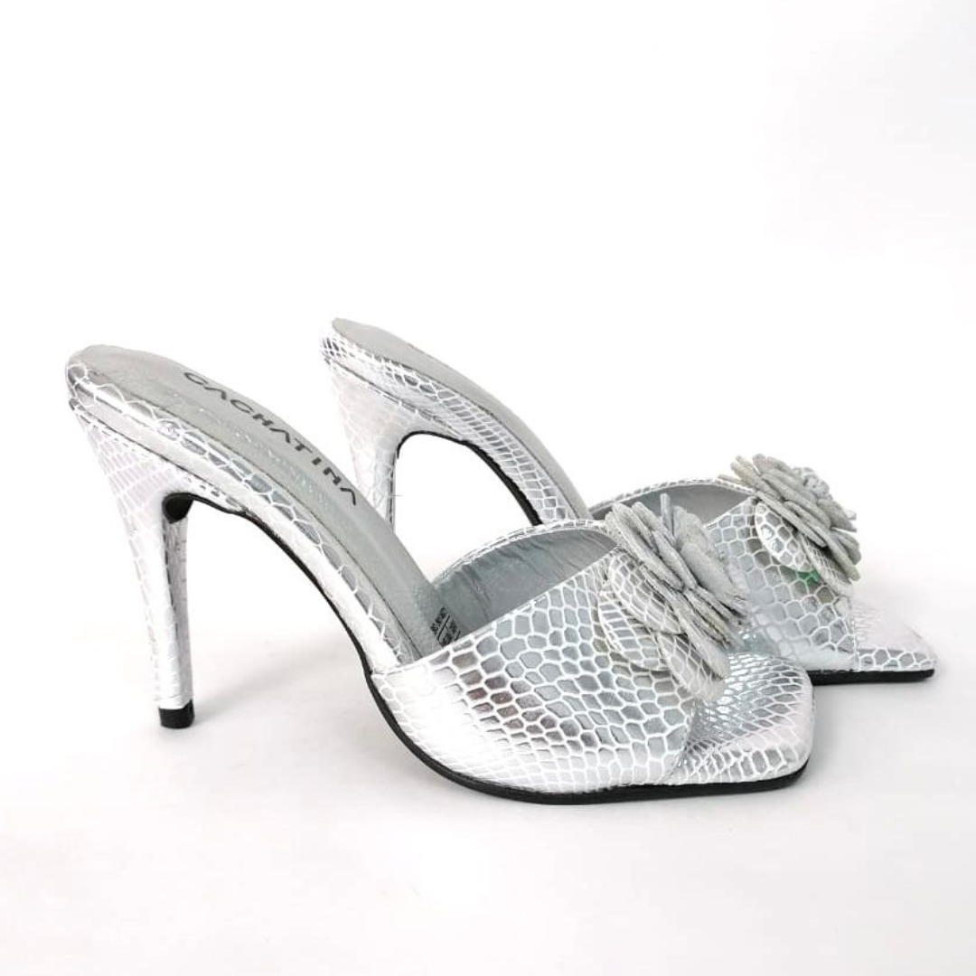 CALZADO CACHATINA - TACON MUJER - CYRENE  - CUERO GECO PLATEADO - ALTURA 7.5 (10 CM) 