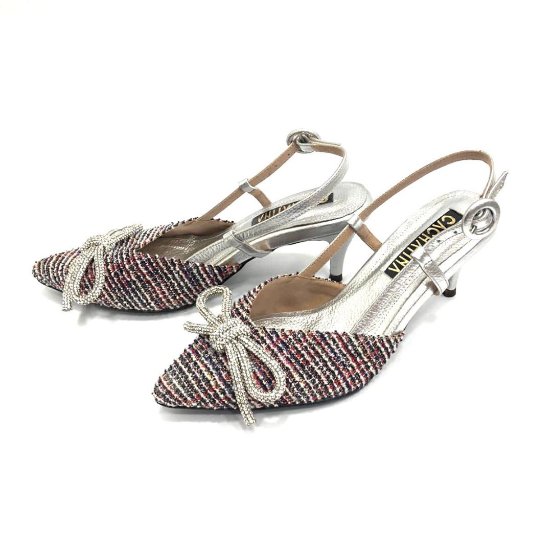 TACÒN - EVE - 5.5 - CUERO PLATEADO X TEX NEGRO/BLANCO - CALZADO CACHATINA