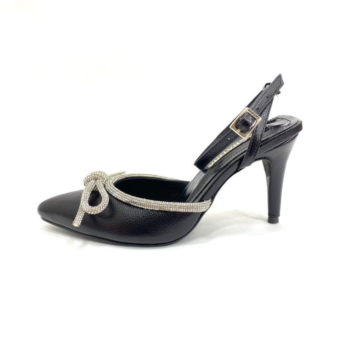 FABRIZIA - CALZADO CACHATINA - ESTILETO MUJER - CUERO NEGRO X PLATEADO - TACON 8.5 (11 CM)