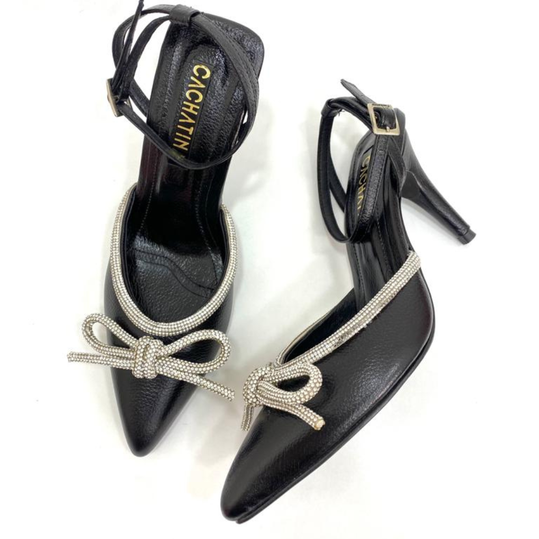FABRIZIA - CALZADO CACHATINA - ESTILETO MUJER - CUERO NEGRO X PLATEADO - TACON 8.5 (11 CM)