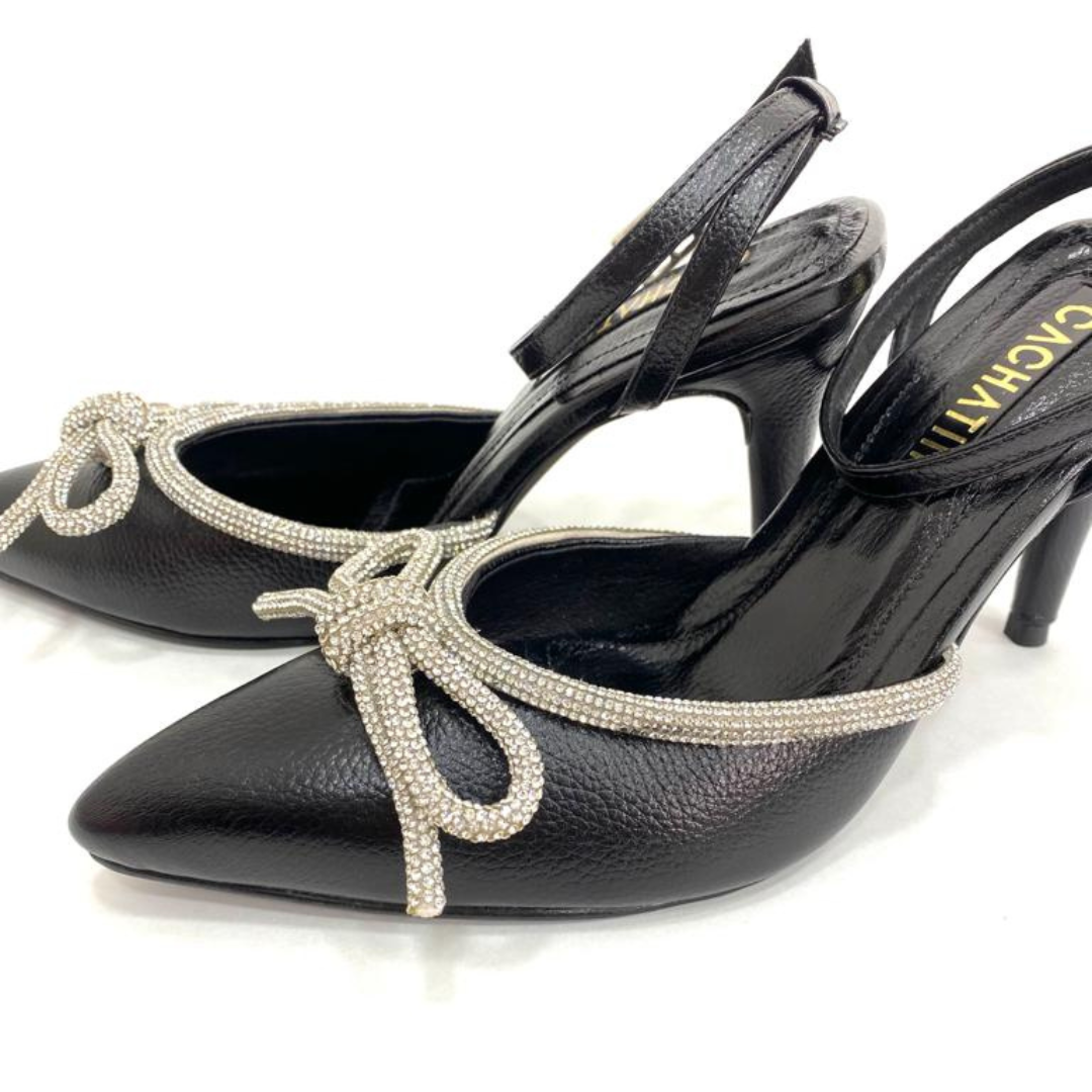 FABRIZIA - CALZADO CACHATINA - ESTILETO MUJER - CUERO NEGRO X PLATEADO - TACON 8.5 (11 CM)