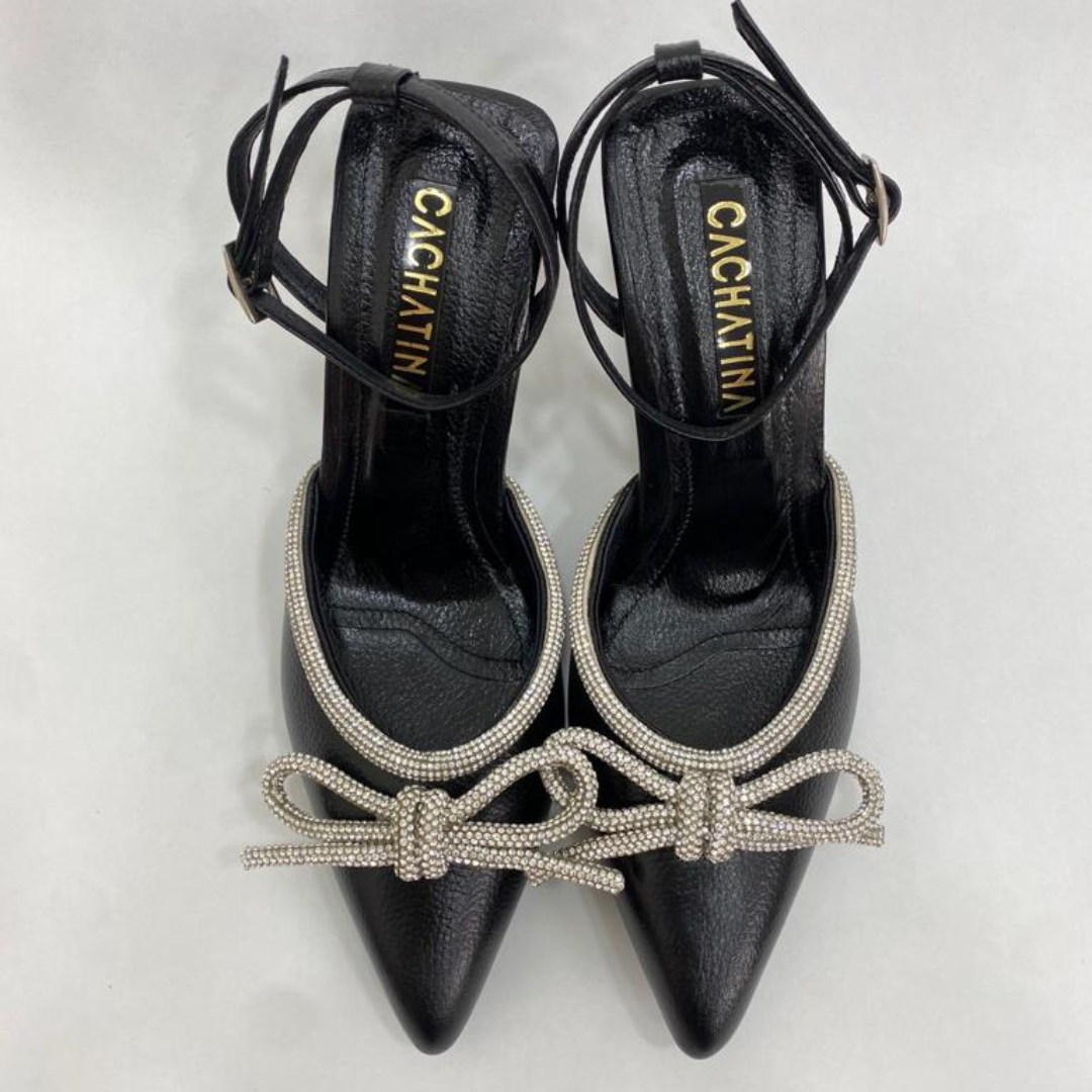 FABRIZIA - CALZADO CACHATINA - ESTILETO MUJER - CUERO NEGRO X PLATEADO - TACON 8.5 (11 CM)