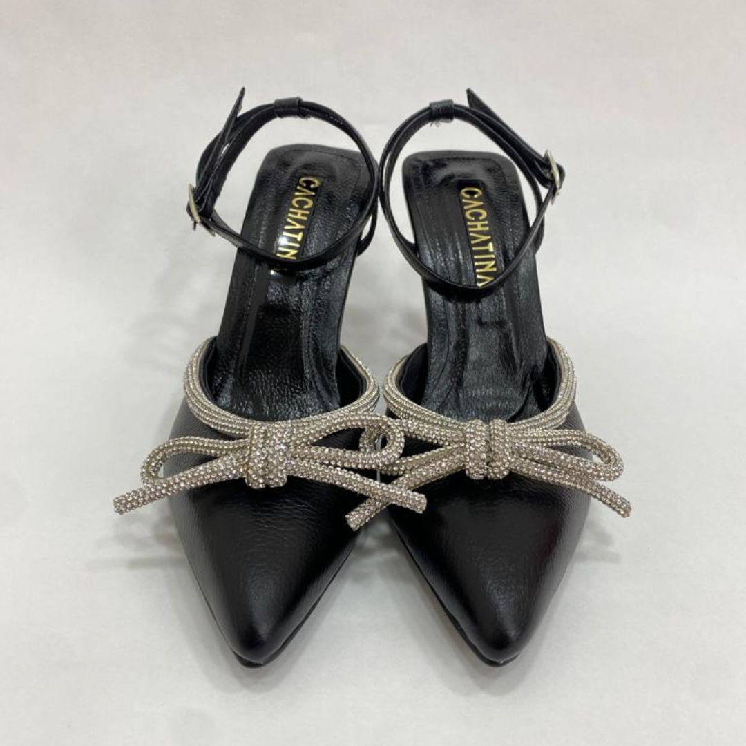 FABRIZIA - CALZADO CACHATINA - ESTILETO MUJER - CUERO NEGRO X PLATEADO - TACON 8.5 (11 CM)