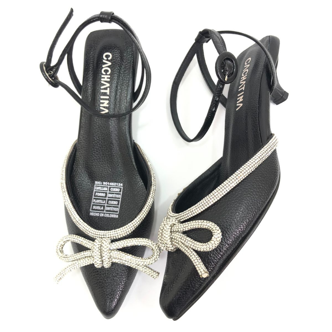 FADRID - CALZADO CACHATINA - ESTILETO MUJER - CUERO NEGRO X PLATEADO - TACON 3.5 (5.5 CM)