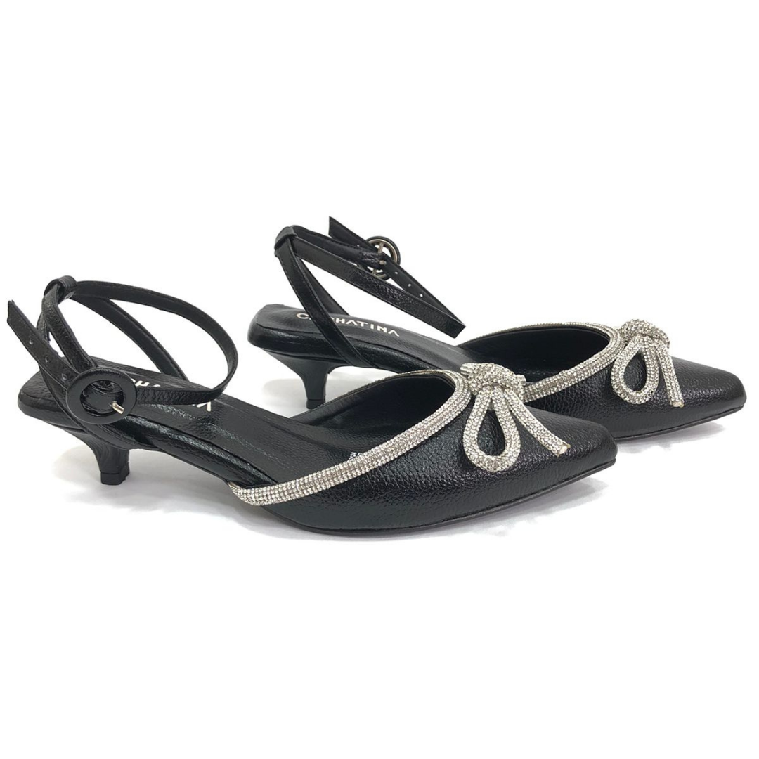 FADRID - CALZADO CACHATINA - ESTILETO MUJER - CUERO NEGRO X PLATEADO - TACON 3.5 (5.5 CM)