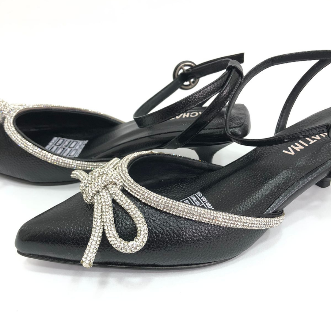 FADRID - CALZADO CACHATINA - ESTILETO MUJER - CUERO NEGRO X PLATEADO - TACON 3.5 (5.5 CM)