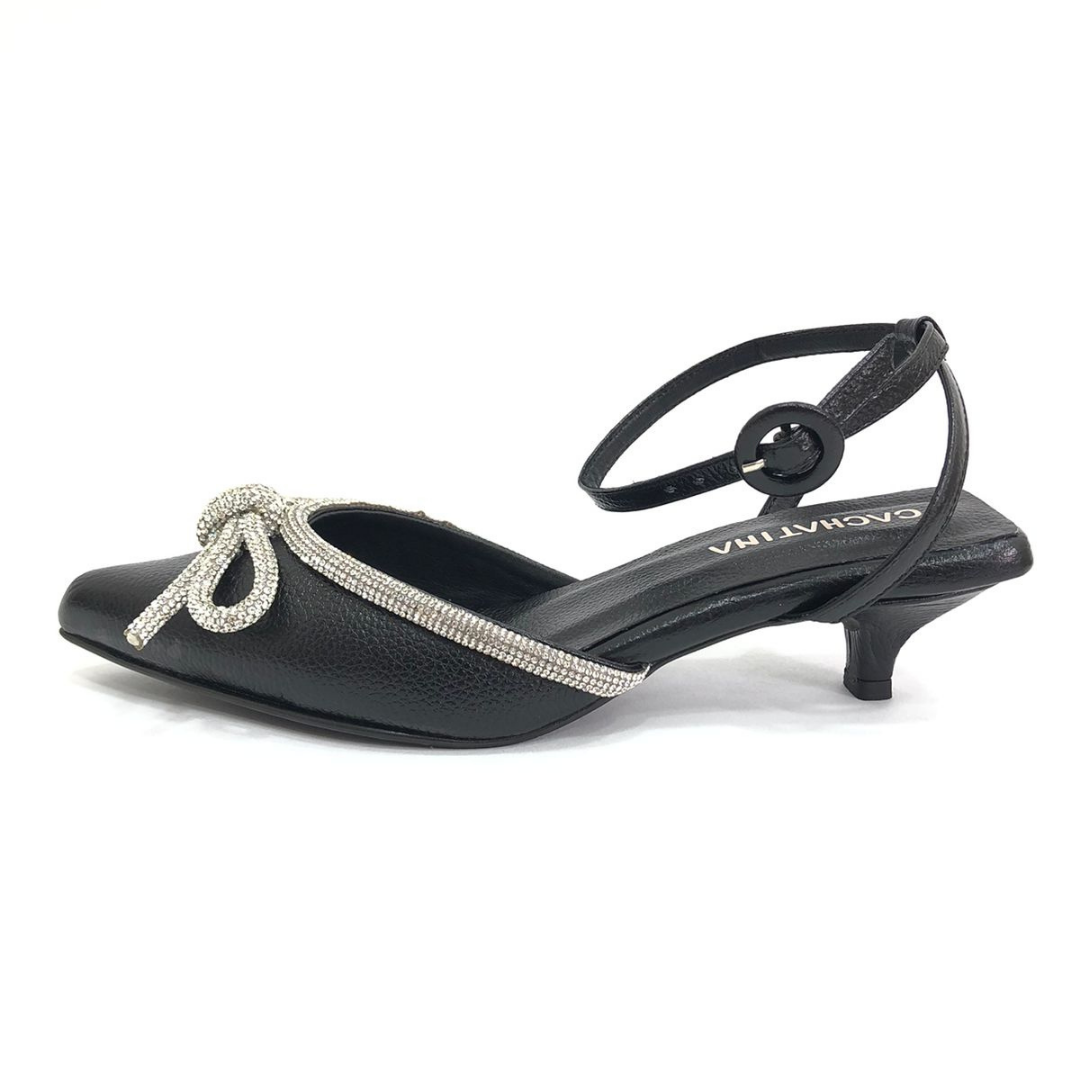 FADRID - CALZADO CACHATINA - ESTILETO MUJER - CUERO NEGRO X PLATEADO - TACON 3.5 (5.5 CM)