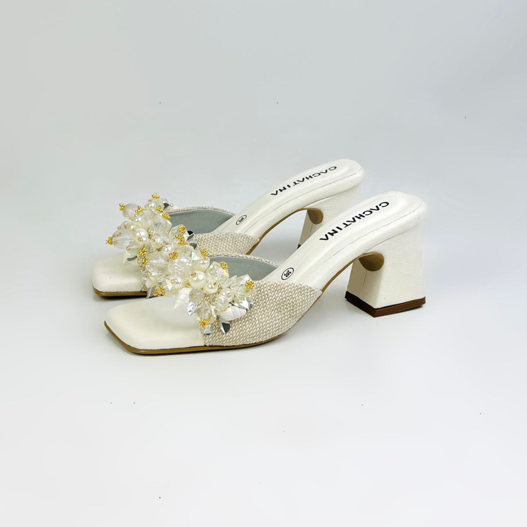 CALZADO CACHATINA - TACON MUJER - JIAM - CUERO BLANCO OSTRA - ALTURA 5.5 (7.5 CM)