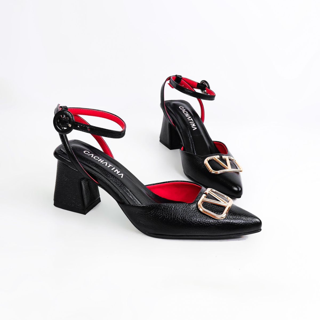 KALANDY - CALZADO CACHATINA - ESTILETO MUJER - CUERO NEGRO X ROJO - TACON 5.5 (7.5 CM)