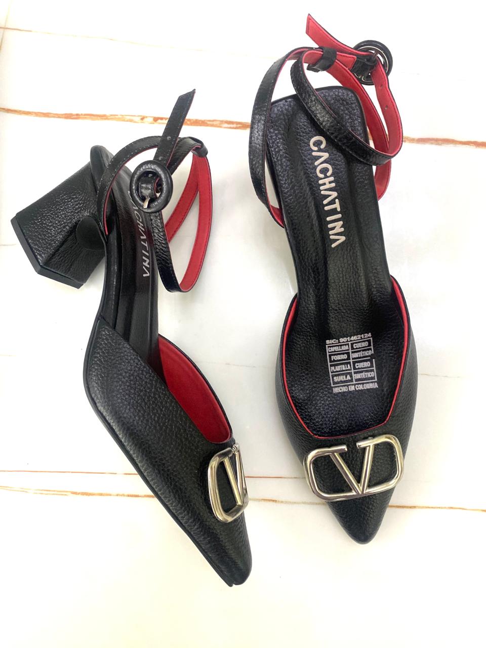 KALANDY - CALZADO CACHATINA - ESTILETO MUJER - CUERO NEGRO X ROJO - TACON 5.5 (7.5 CM)