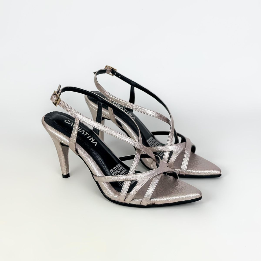 CALZADO CACHATINA - TACON MUJER - KINSLEY - CUERO PLATEADO - ALTURA 7.5