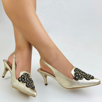 MARCELIN - CALZADO CACHATINA - ESTILETO MUJER - CUERO DORADO X NEGRO - TACON 5.5 (7.5 CM)