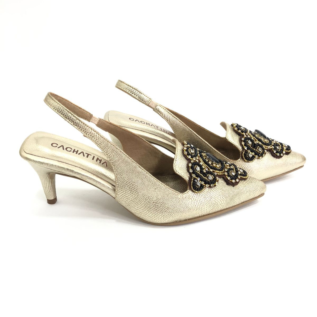 MARCELIN - CALZADO CACHATINA - ESTILETO MUJER - CUERO DORADO X NEGRO - TACON 5.5 (7.5 CM)