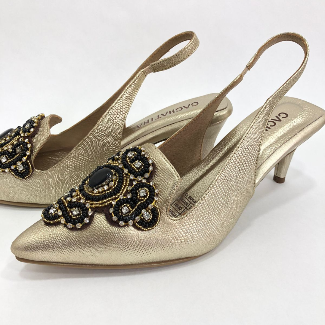 MARCELIN - CALZADO CACHATINA - ESTILETO MUJER - CUERO DORADO X NEGRO - TACON 5.5 (7.5 CM)