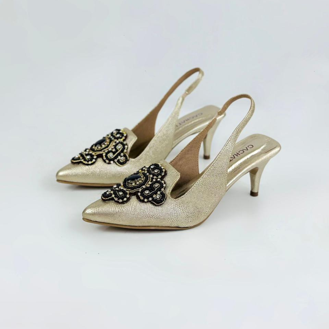 MARCELIN - CALZADO CACHATINA - ESTILETO MUJER - CUERO DORADO X NEGRO - TACON 5.5 (7.5 CM)