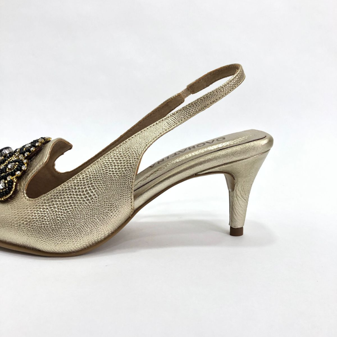 MARCELIN - CALZADO CACHATINA - ESTILETO MUJER - CUERO DORADO X NEGRO - TACON 5.5 (7.5 CM)