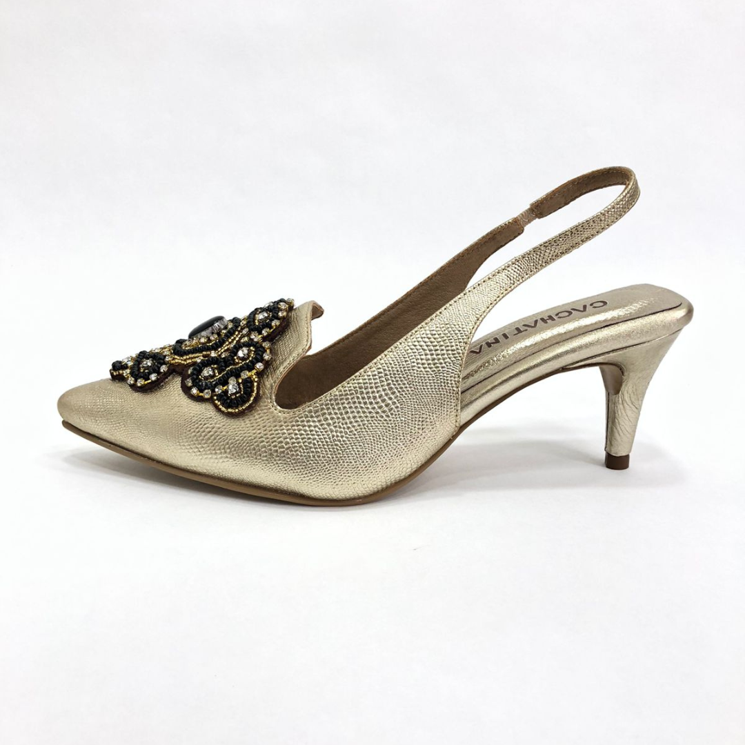 MARCELIN - CALZADO CACHATINA - ESTILETO MUJER - CUERO DORADO X NEGRO - TACON 5.5 (7.5 CM)