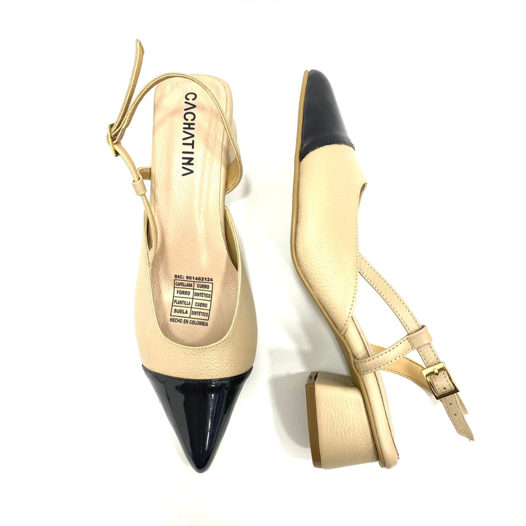 NORMA - CALZADO CACHATINA - ESTILETO MUJER - CUERO FRAPE X CHAROL NEGRO - TACON 3.5 (5.5 CM)