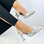 NOVICIA - CALZADO CACHATINA - ESTILETO MUJER - CUERO DIAMANTE PLATEADO - TACON 7.5 (10 CM)
