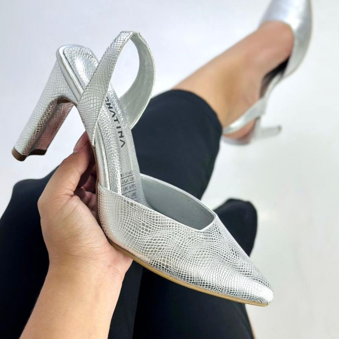 NOVICIA - CALZADO CACHATINA - ESTILETO MUJER - CUERO DIAMANTE PLATEADO - TACON 7.5 (10 CM)