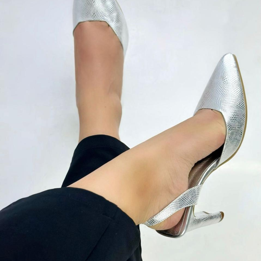 NOVICIA - CALZADO CACHATINA - ESTILETO MUJER - CUERO DIAMANTE PLATEADO - TACON 7.5 (10 CM)