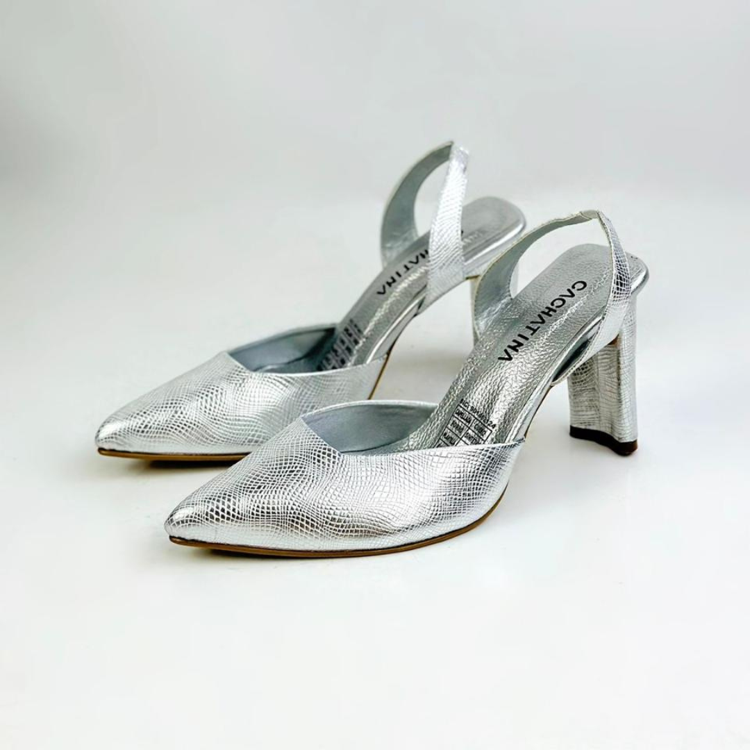 NOVICIA - CALZADO CACHATINA - ESTILETO MUJER - CUERO DIAMANTE PLATEADO - TACON 7.5 (10 CM)