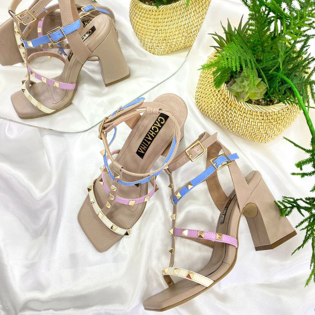 TACÒN - SARLYNI - 7.5 - CUERO TAUPE X AZUL/LILA/TALCO - CALZADO CACHATINA