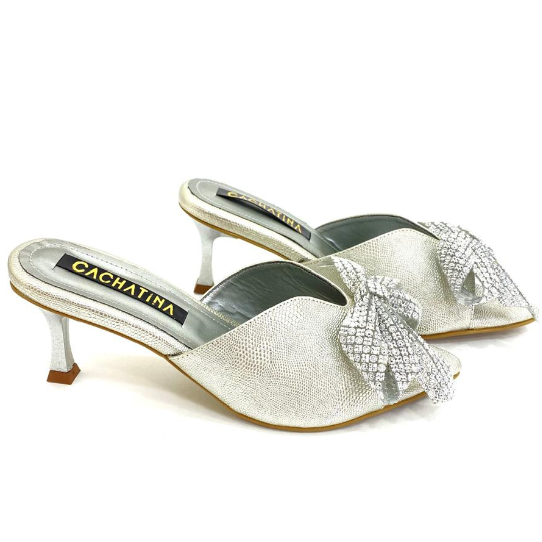 CALZADO CACHATINA - TACON MUJER - SUMERYA - CUERO PLATEADO - ALTURA 5.5 (7 CM)