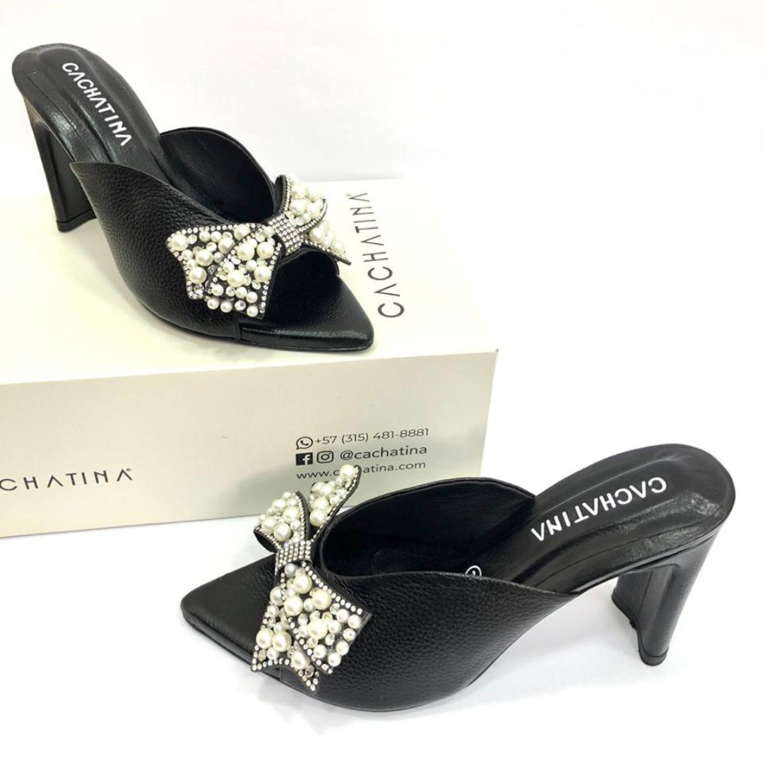 CALZADO CACHATINA - TACON MUJER - SUYIN - CUERO NEGRO - ALTURA 7.5 (10 CM)