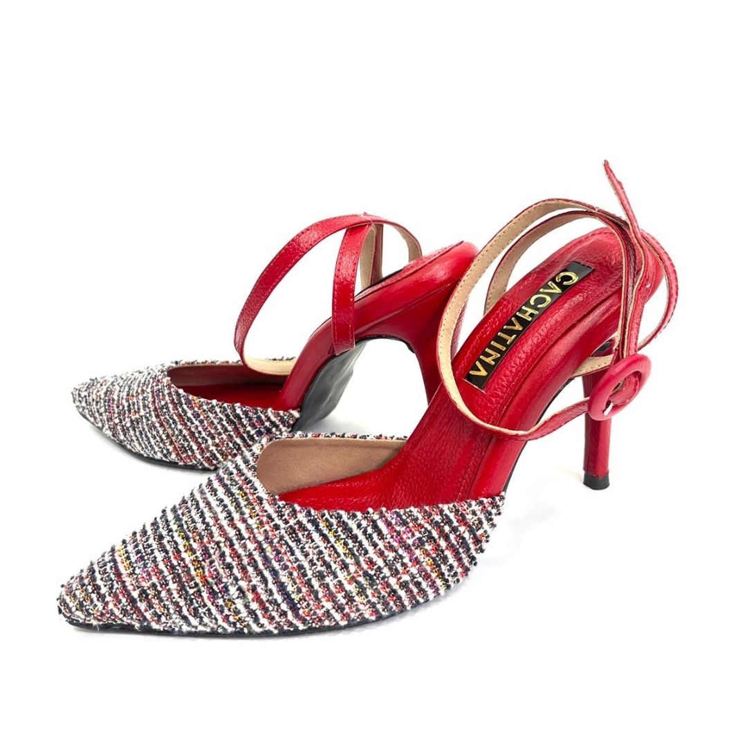 TACÒN - ZURI - 8.5 - CUERO ROJO X TEX NEGRO/BLANCO - CALZADO CACHATINA