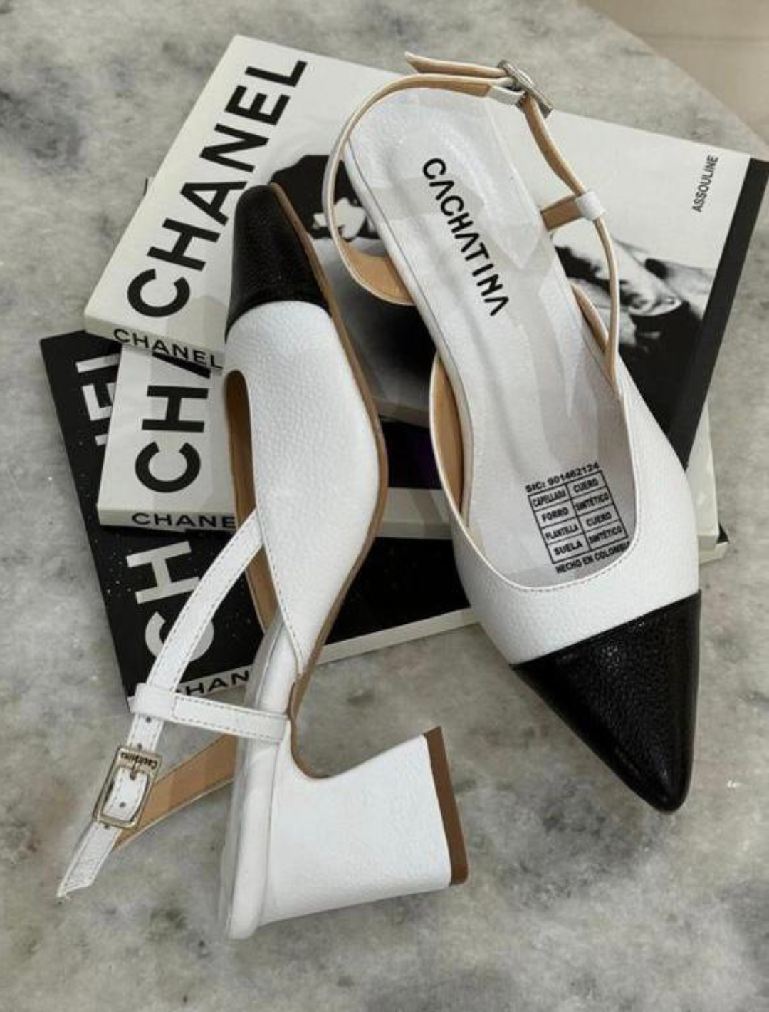CLERI - CALZADO CACHATINA - ESTILETO MUJER - CUERO BLANCO X NEGRO - TACON 5.5 (7.5 CM)