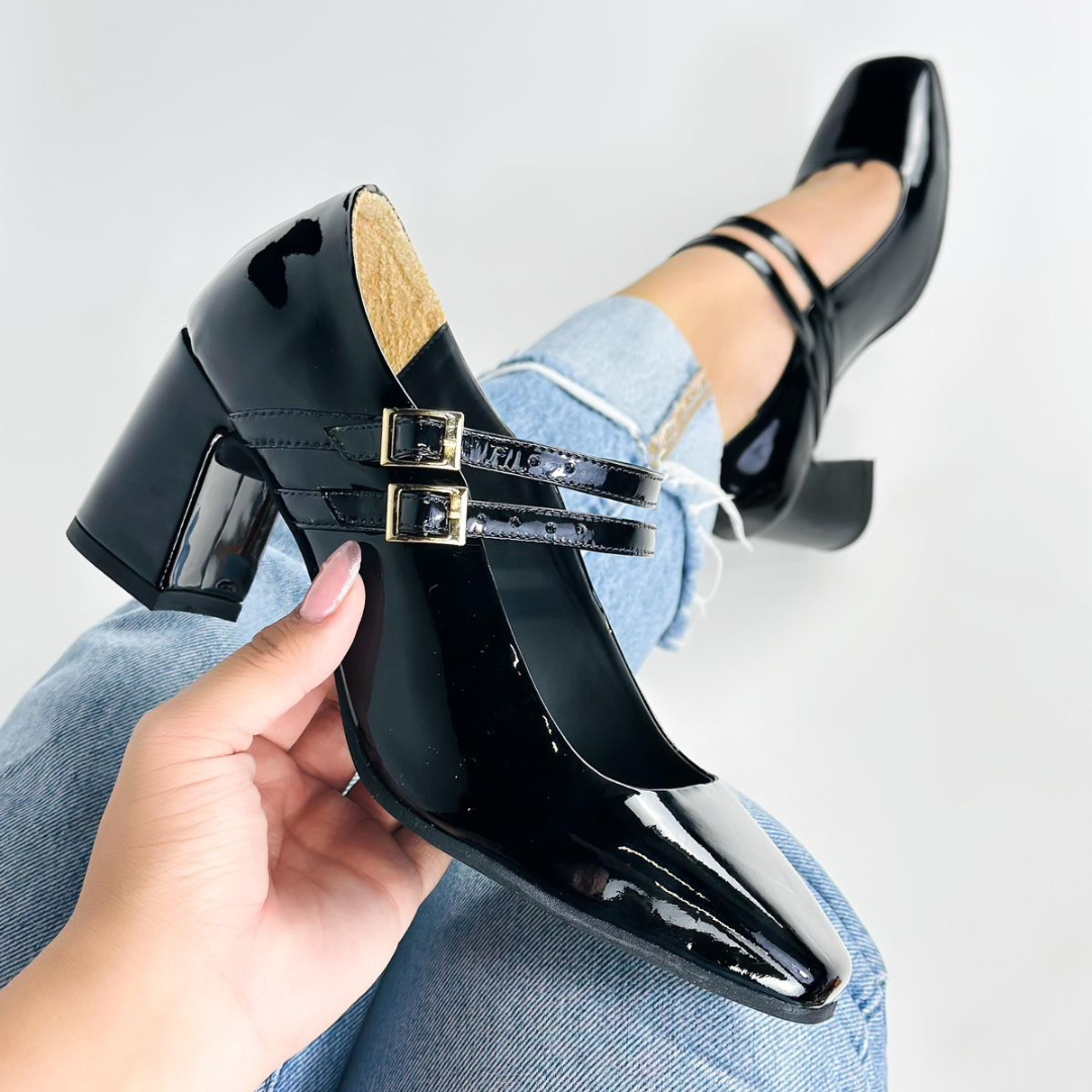 CALZADO CACHATINA - TACON MUJER - EDITH - CUERO CHAROL NEGRO - ALTURA 5.5 (7 CM)