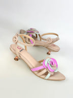 CHAR - CONFECCION TAUPE x ROSA BARBIE/MENTA - TACON 3.5 METALIZADO ORO ROSA - CALZADO CACHATINA