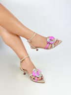 CHAR - CONFECCION TAUPE x ROSA BARBIE/MENTA - TACON 3.5 METALIZADO ORO ROSA - CALZADO CACHATINA