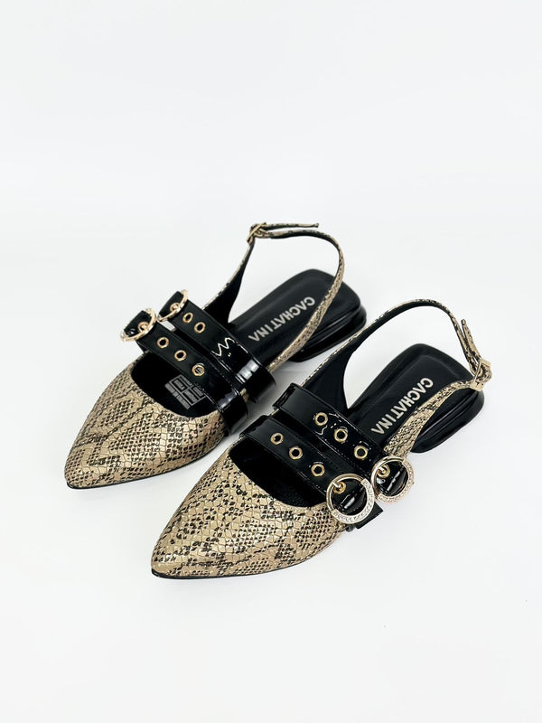 CORISANDE- COBRA DORADO x CHAROL NEGRO - BALETA - CALZADO CACHATINA