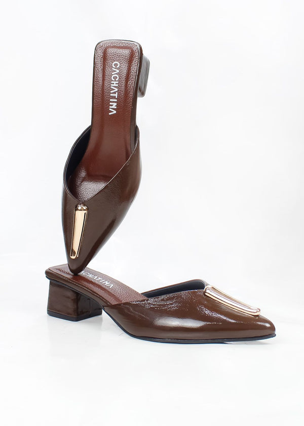 STILETTO ANTONELLA - CHAROL MOJADO CHOCOLATE  - TACON 3.5 - ESTILETO MUJER - CALZADO CACHATINA
