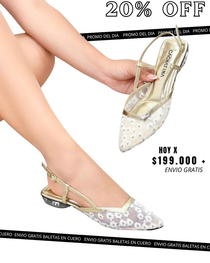 BALETA ZARZI MOMENTOS - MALLA GIRASOLES X FEDERICA DORADO - TACON 1.5 CRISTAL -BALETA-CALZADO CACHATINA