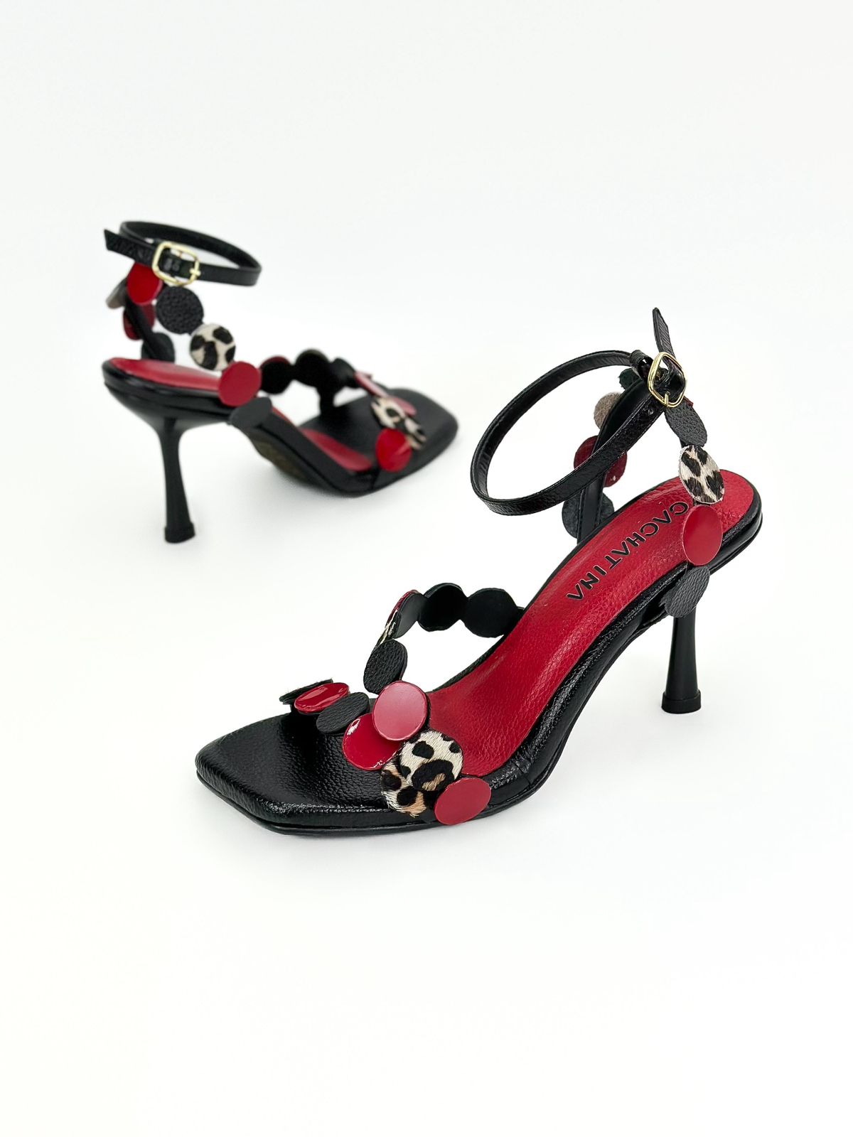 STILETTO OPTRIS - CUERO NEGRO X ROJO X ANIMAL PRINT  - TACON 7.5 - ESTILETO MUJER - CALZADO CACHATINA