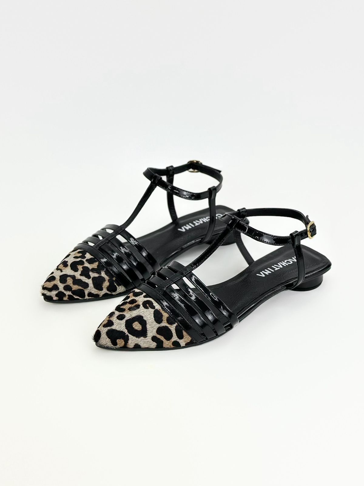 BALETA IVONI- CHAROL NEGRO X ANIMAL PRINT - TACON 1.5- BALETA- CALZADO CACHATINA