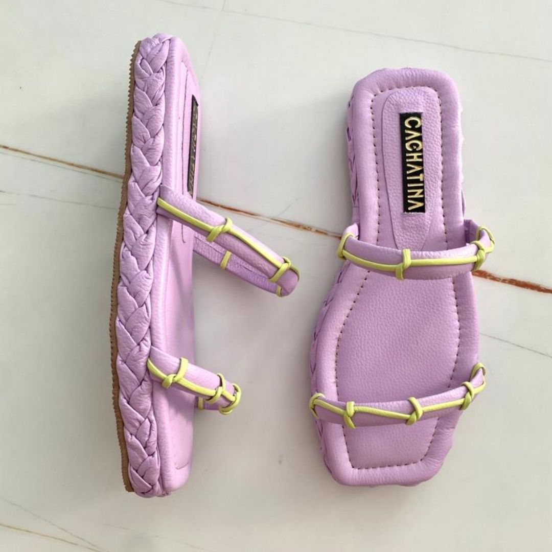 SANDALIA PLANA - CALIFORNIA STORE - CUERO LILA X VERDE CALZADO CACHATINA