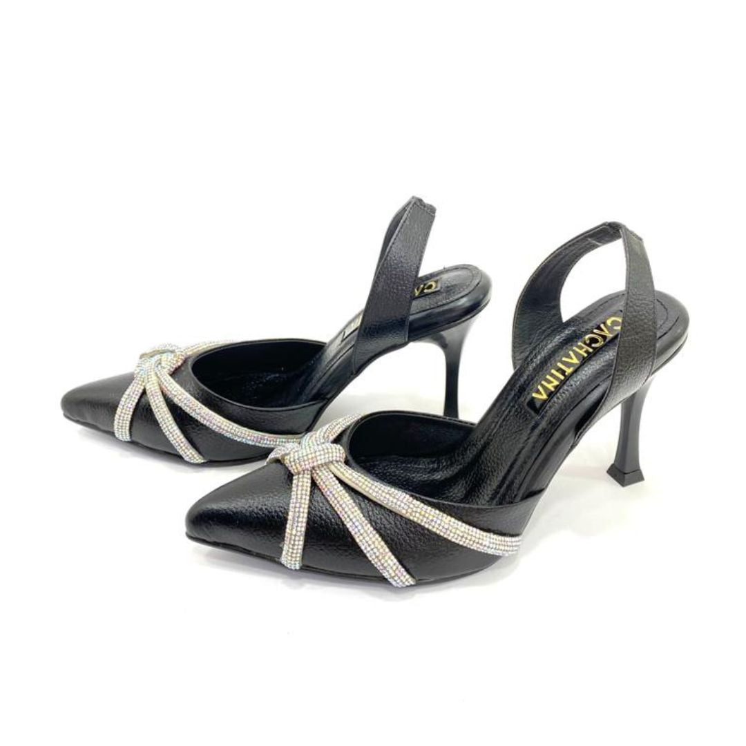 TACÒN - FINZA - 8.5 - CUERO NEGRO X PLATEADO - CALZADO CACHATINA