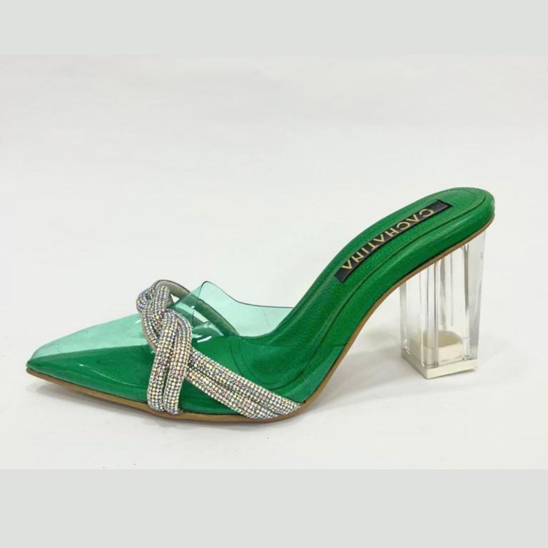 TACÓN - NAKIO- 7.5 - CUERO VERDE X PLATEADO - CALZADO CACHATINA