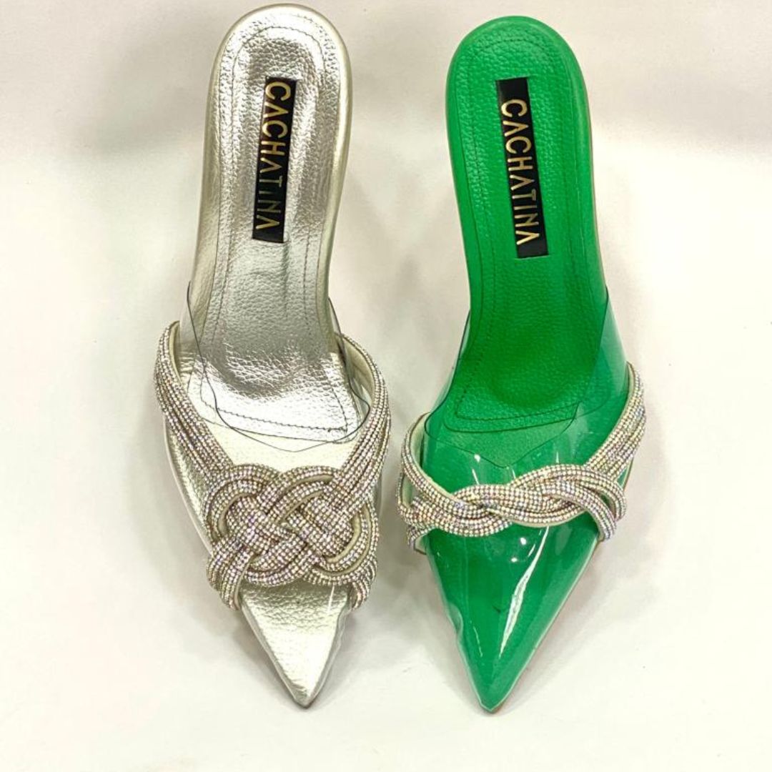 TACÓN - NAKIO- 7.5 - CUERO VERDE X PLATEADO - CALZADO CACHATINA
