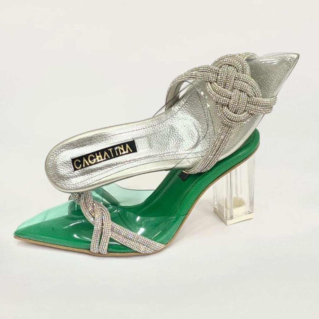 TACÓN - NAKIO- 7.5 - CUERO VERDE X PLATEADO - CALZADO CACHATINA