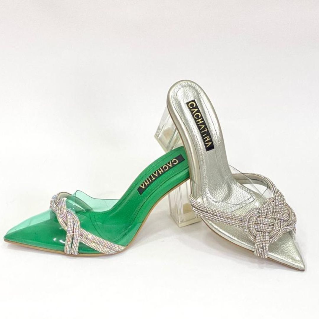 TACÓN - NAKIO- 7.5 - CUERO VERDE X PLATEADO - CALZADO CACHATINA